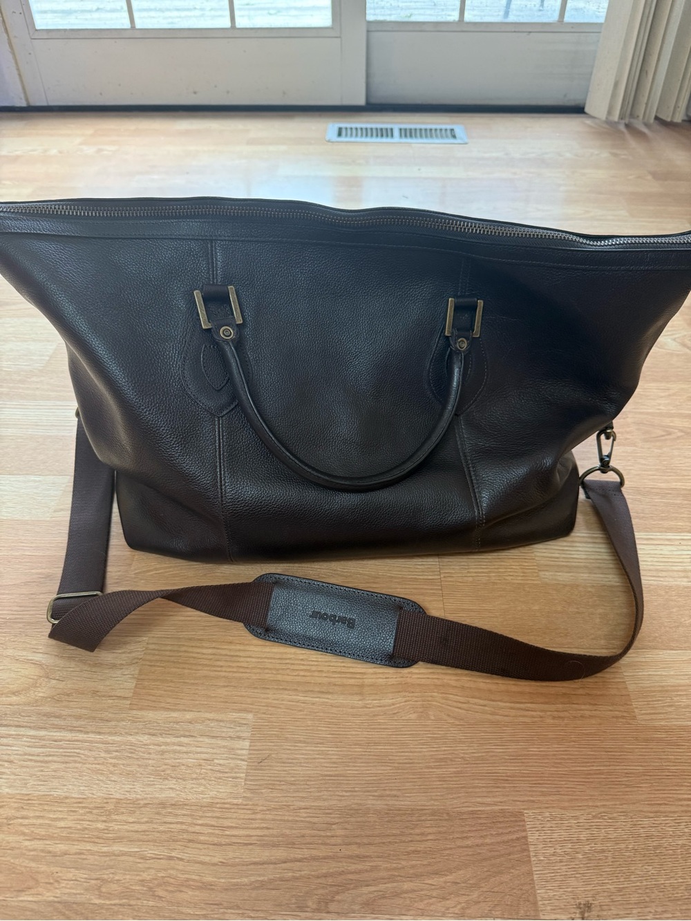 Barbour Dark Brown Leather Travel Holdall with Tartan Lining